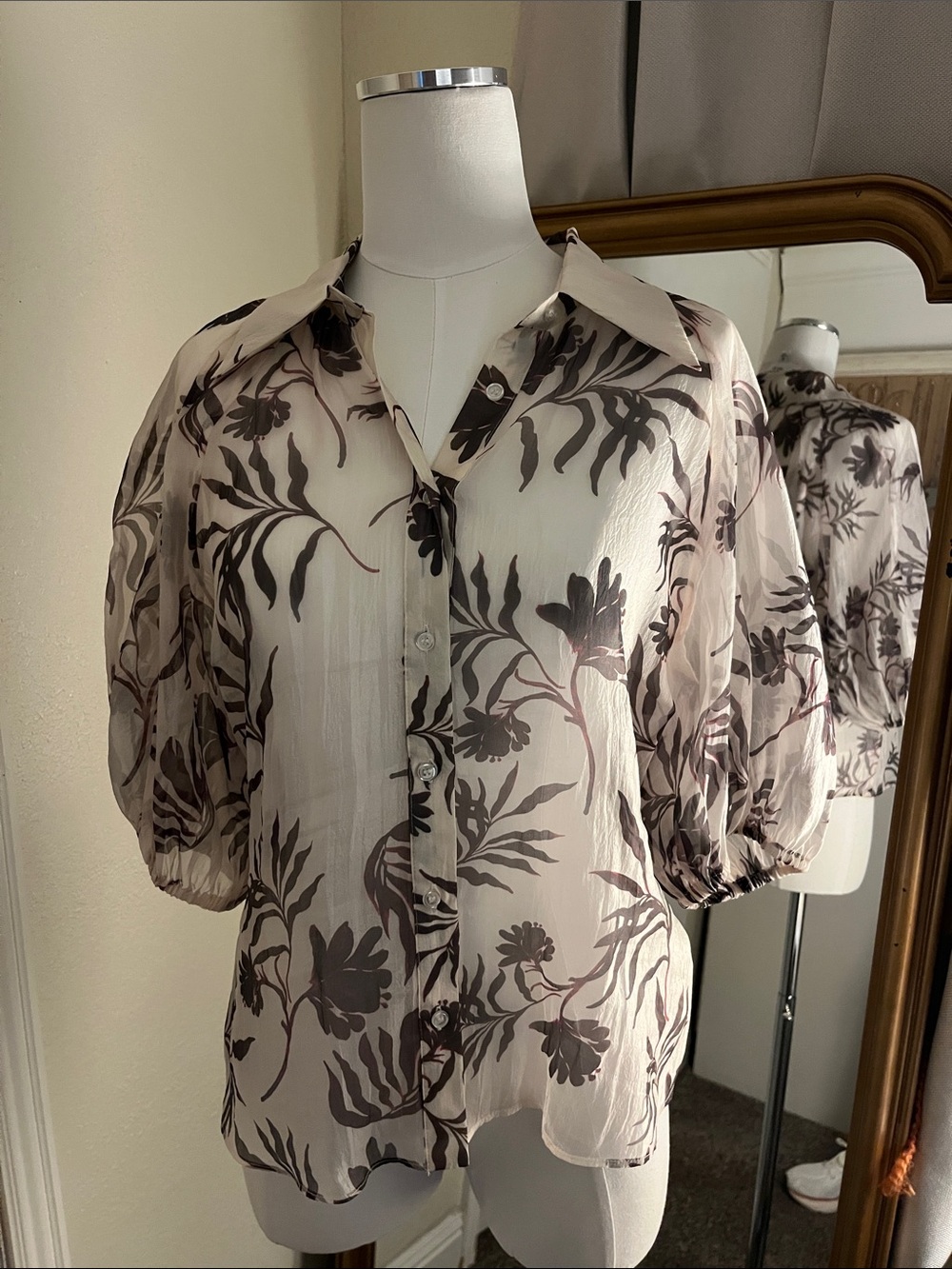 Alexia Admor Sheer Floral Button-Up Blouse in Cream and Brown